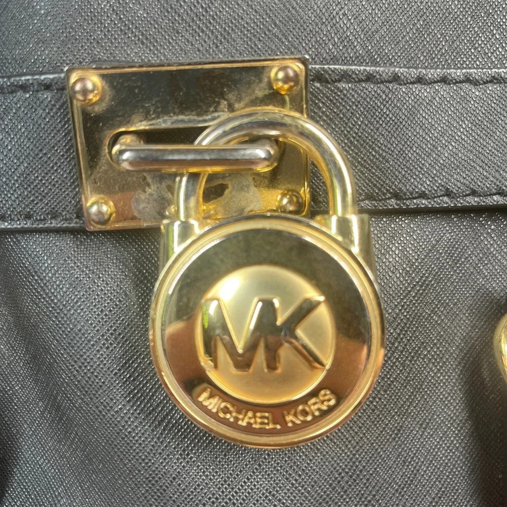 Michael Kors Hamilton Satchel Womens Medium Black Saffiano Leather‎ Gold Padlock